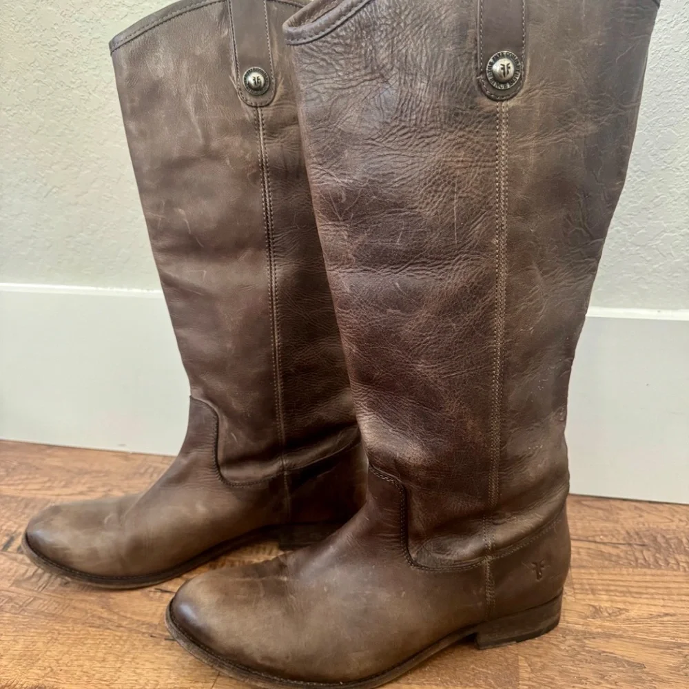 Frye Melissa Brown Double Sole Button Lug Tall Riding Boots Women's Size 11 - Picture 2 of 12